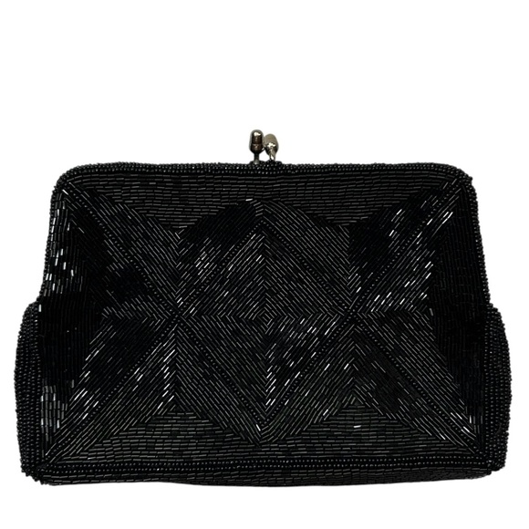 Vtg SHARONEE Black Beaded Clutch Handbag Kiss Lock 5" x 7" Shiny Geometric Japan - Picture 2 of 8